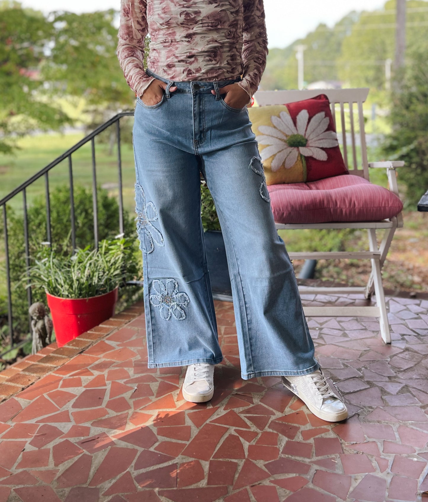 Floral Fringe Light Washed Wide Leg Jeans