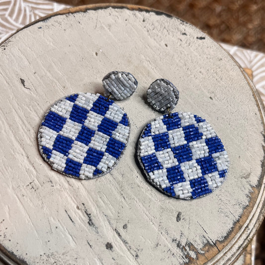 Checkered Bead Earrings - Blue