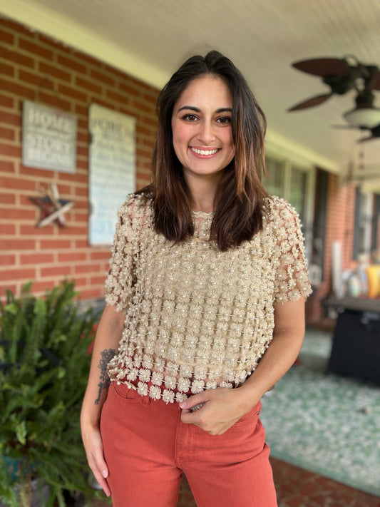 2 Piece Lace Pearl Beaded Blouse - Gold