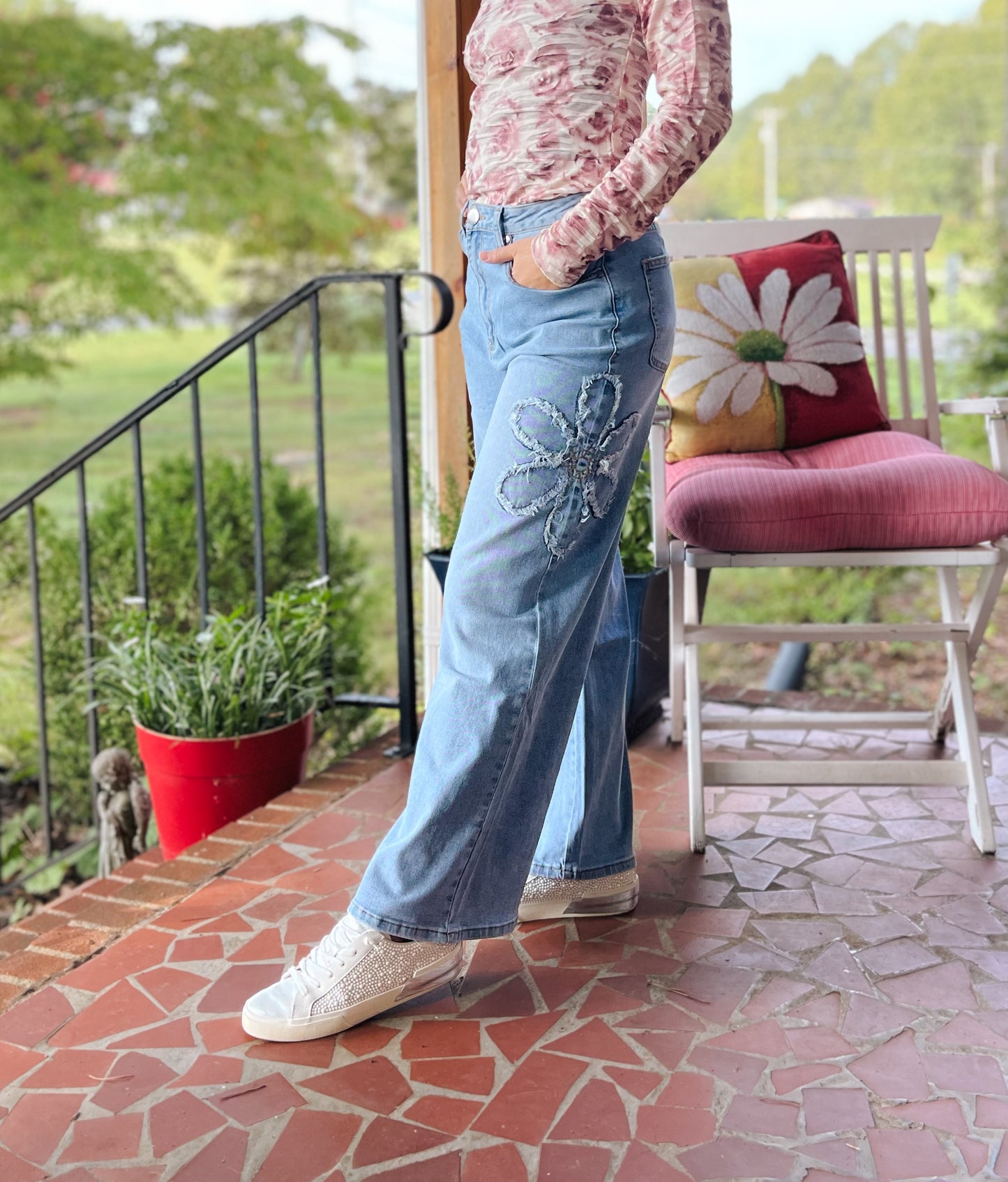 Floral Fringe Light Washed Wide Leg Jeans