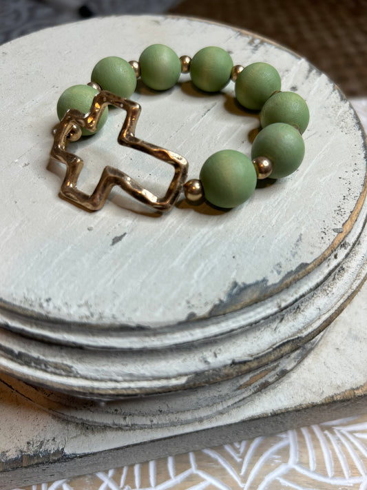 Sage Bead Cross Bracelet