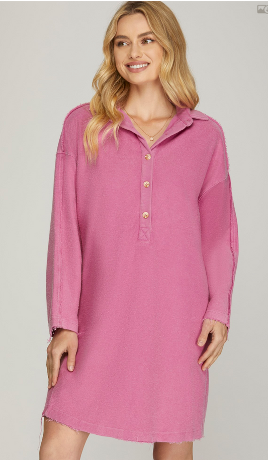 Half-Button French Terry Dress - Mauve