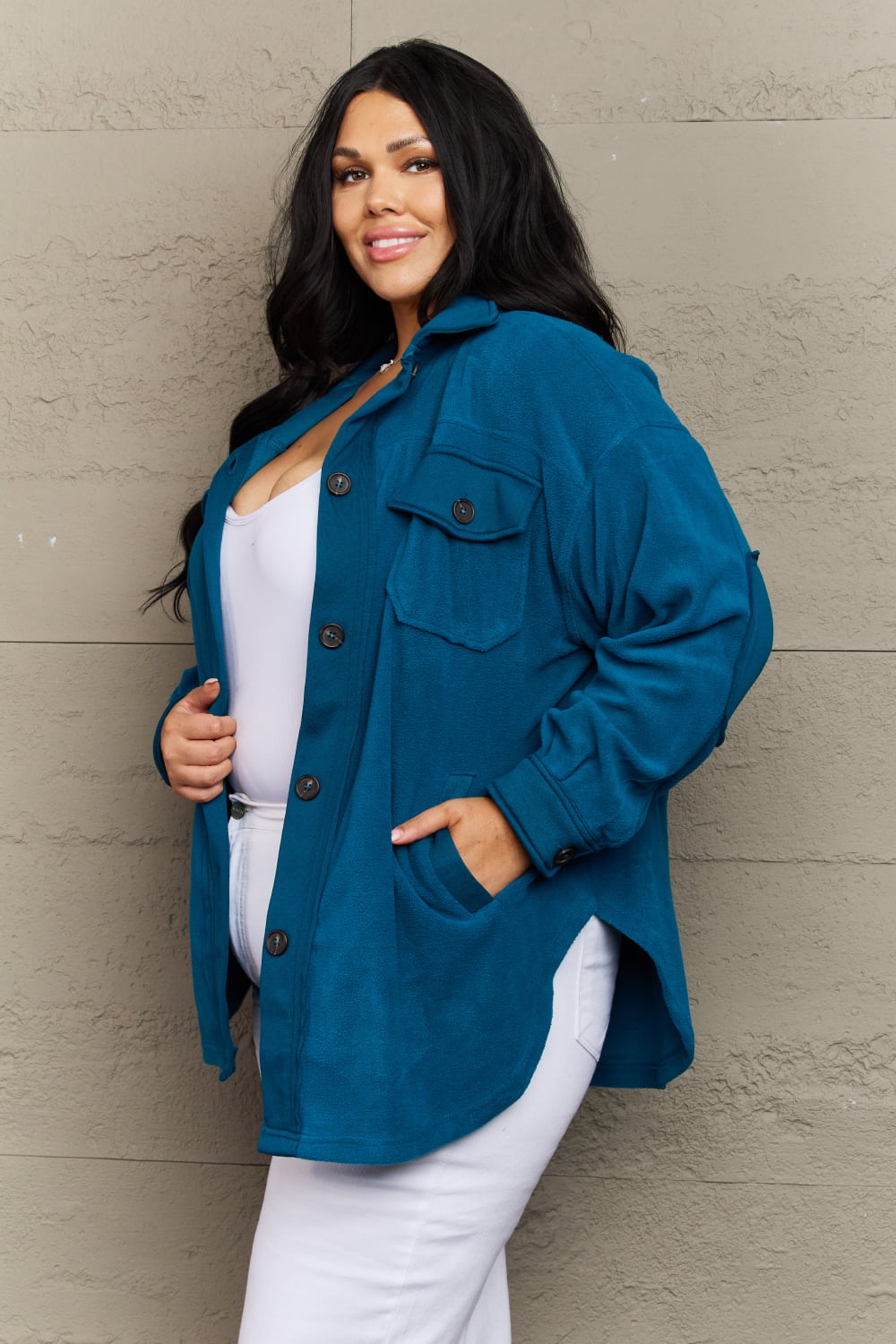 ZENANA Cozy in the Cabin Fleece Elbow Patch Shacket in Teal